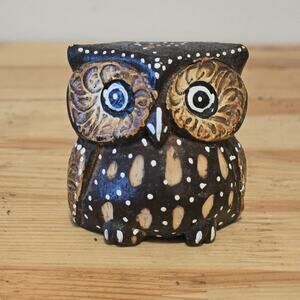 Vintage Carved Hand Painted Wooden Owl Folk Art Sculpture Decor 2"